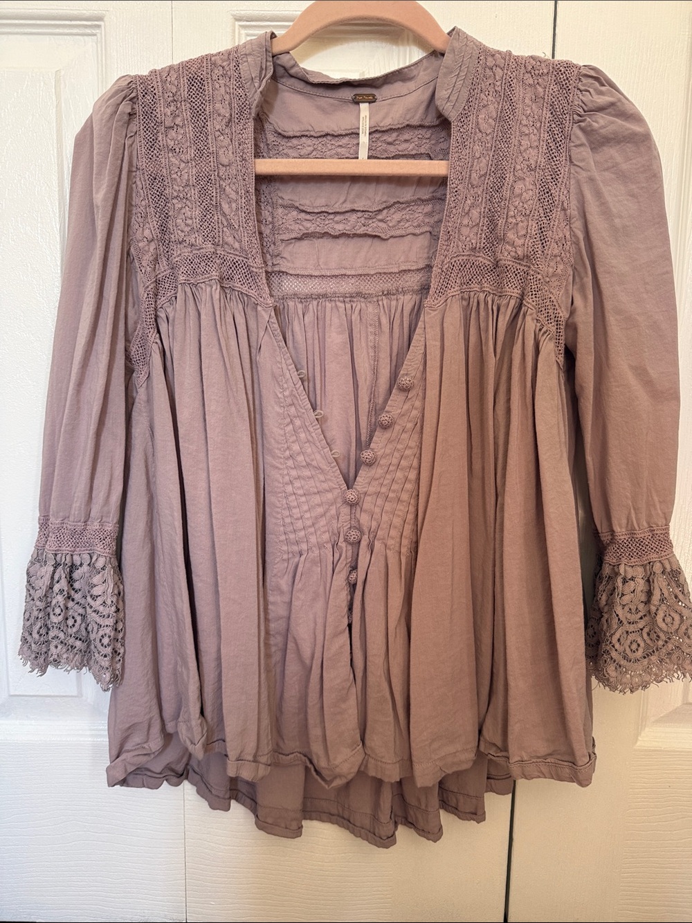 Free People Boho Lace-Trim Buttonfront Tunic in Mauve